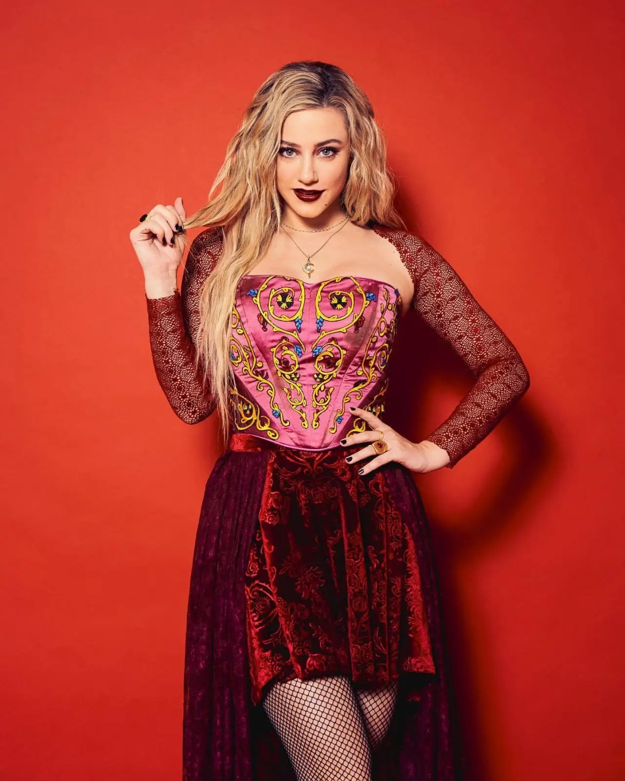 AMERICAN ACTRESS LILI REINHART PHOTOSHOOT IN MAROON GOWN3